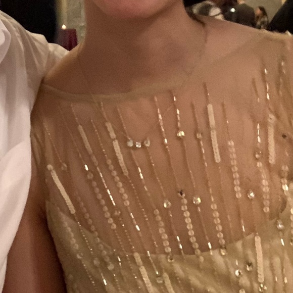 Aidan Mattox Champagne Gold Sunburst Illusion Neckline Gown Dress - Picture 14 of 14